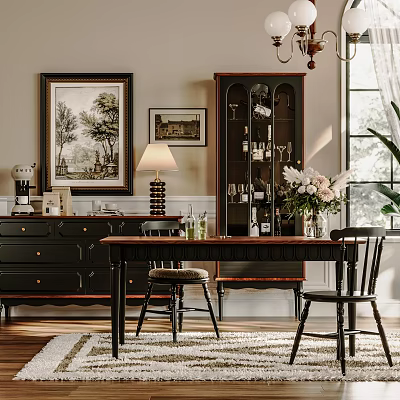 Classic Dining Room Featuring Wooden Sideboard Cabinet Framed Art Table Lamp And Flower Arrangement 3d model