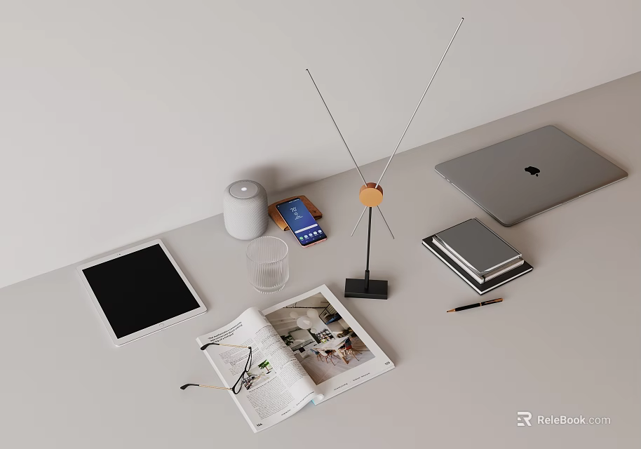 Modern Home Office Desk Setup With Tablet Laptop Smart Speaker Magazine Books Pen Glass 3d model 