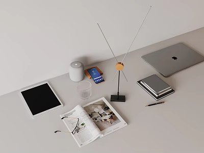 Modern Home Office Desk Setup With Tablet Laptop Smart Speaker Magazine Books Pen Glass 3d model