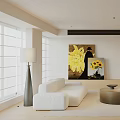 Modern Living Room With White Sofas Round Coffee Table And Bookshelves
