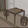 Japanese Tatami Room Interior With Wooden Go Board Table And Stools Near Window Blinds