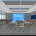 Spacious Modern Conference Room With Large Screen Tables Chairs And Windows 3d model