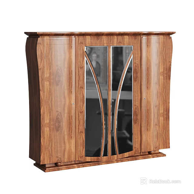 Classical Wooden Wardrobe With Curved Design And Glass Panel Doors 3d model 