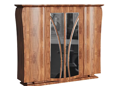 Classical Wooden Wardrobe With Curved Design And Glass Panel Doors 3d model