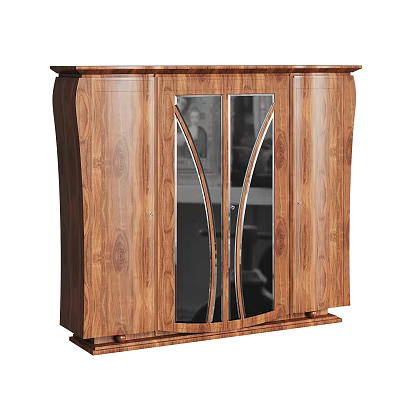 Classical Wooden Wardrobe With Curved Design And Glass Panel Doors 3d model