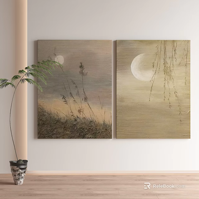 Two Panel Wall Art with Moon Grass and Willow Branches in Interior Decor 3d model