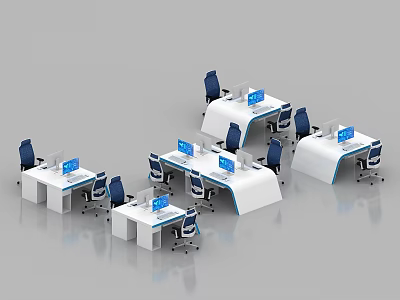 Modern Office Workspace With Ergonomic Desks Computers And Blue Chairs Setup 3d model