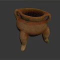 Traditional Three Legged Ceramic Pottery With Two Handles And Red Brown Stripes