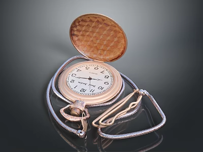 Golden Pocket Watch with Open Case and White Dial Numbers and Chain 3d model