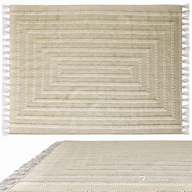 Beige Woven Square Rug With Striped Pattern And Fringe Edges Design 3d model 