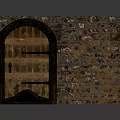 Arched Wooden Entrance Door With Stone Wall And Metal Hardware Design