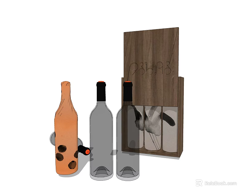 Wooden Wine Storage Rack with Clear Glass Bottles and Stemmed Wine Glasses 3d model 