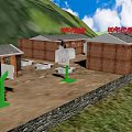 School Buildings Complex With Central Playground And Red Flag In Green Mountainous Fields