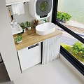Modern Home Balcony With Washing Machine Sink Plants Shelves And City River View