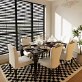 Modern Dining Table Set With White Chairs Tableware Window Blinds And Checkered Rug 3d model