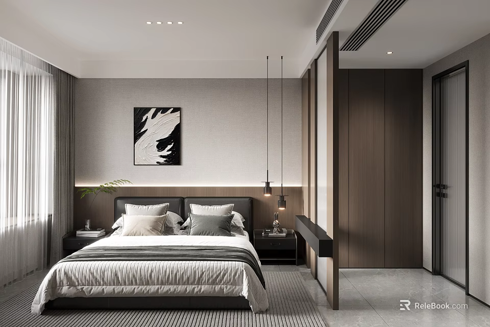 Modern Bedroom Interior Design With Bed Pillows Nightstands Wall Art And Wooden Wardrobe 3d model 