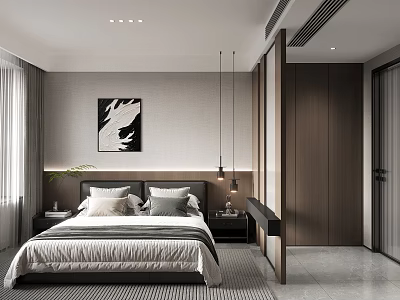 Modern Bedroom Interior Design With Bed Pillows Nightstands Wall Art And Wooden Wardrobe 3d model
