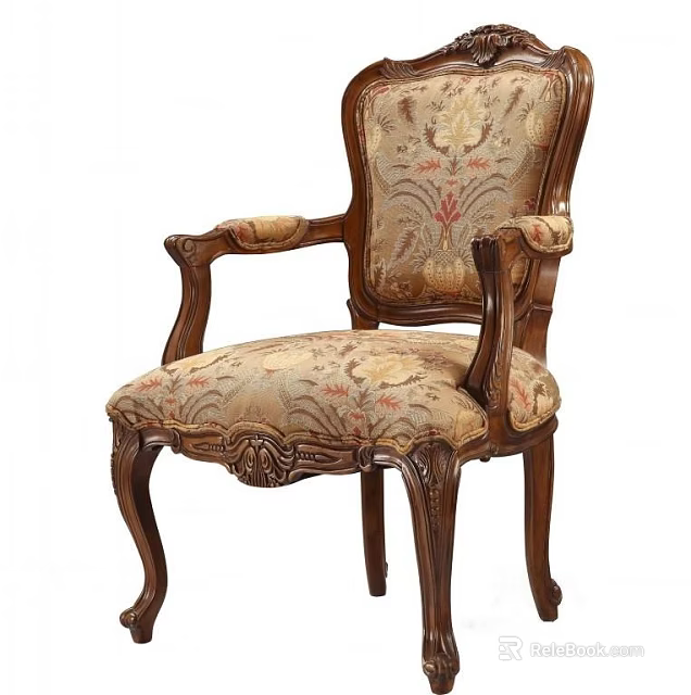 Traditional Accent Chair With Carved Wooden Frame Floral Pattern Fabric Upholstery And Armrests 3d model 