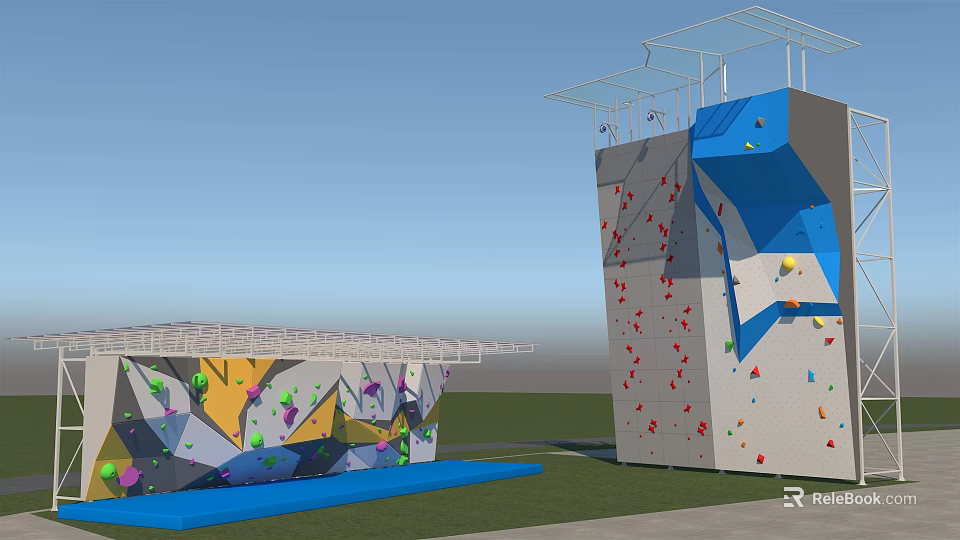 Outdoor Sports Equipment Climbing Walls With Colorful Holds Safety Mats And Canopy Structure 3d model 