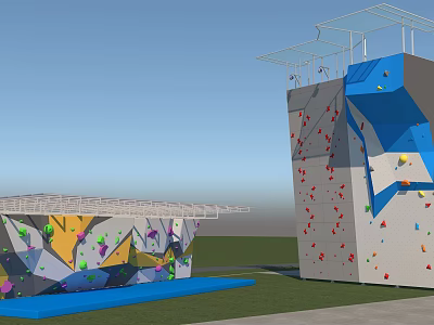 Outdoor Sports Equipment Climbing Walls With Colorful Holds Safety Mats And Canopy Structure 3d model