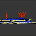 3D Terrain Model With Yellow Border Blue Water And Red Organisms On Black Ground