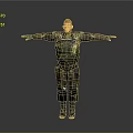 Military Figure In Camouflage Uniform With Arms Outstretched And Tactical Gear On Gray Background