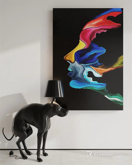 Vibrant Colorful Flowing Forms Modern Abstract Oil Painting On Black Background Canvas 3d model 
