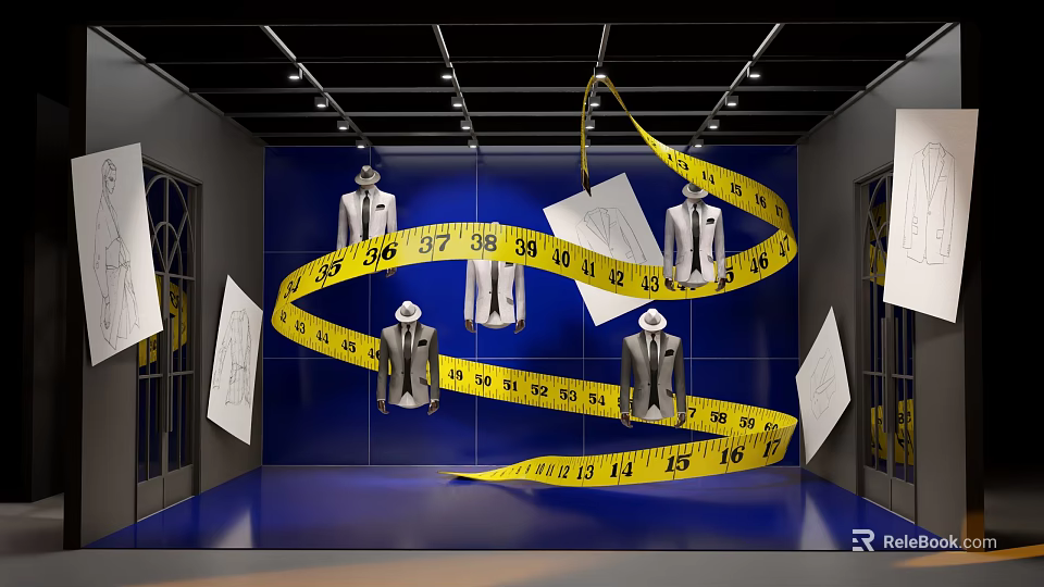 Tailored Suits Display With Hanging Mannequins And Yellow Measurement Tape On Blue Wall 3d model 