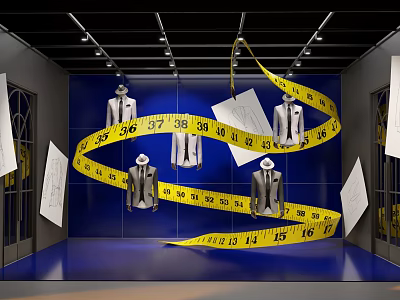 Tailored Suits Display With Hanging Mannequins And Yellow Measurement Tape On Blue Wall 3d model