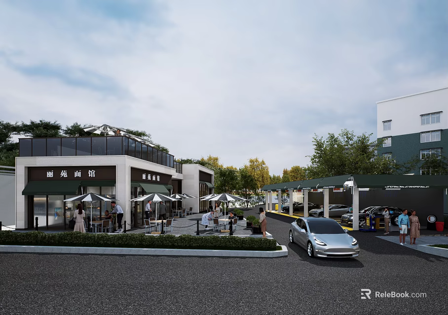 Modern Urban Commercial Street Landscape Design With Outdoor Umbrellas Pedestrians And Greenery 3d model 