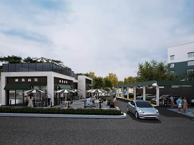Modern Urban Commercial Street Landscape Design With Outdoor Umbrellas Pedestrians And Greenery 3d model