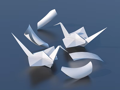 Decorative Ornament Set with White Origami Cranes and Paper Scrolls on Dark Background 3d model