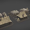 Wooden Houses with Thatched Roofs and Wooden Fences in Rural Setting