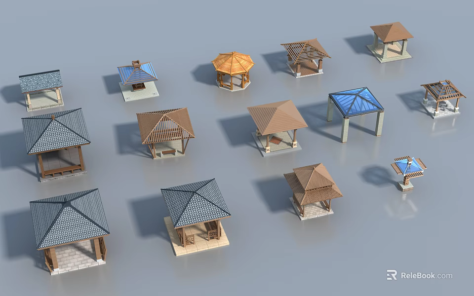Various Small Architectural Pavilion Models With Different Roof Styles And Materials 3d model