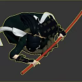 Woman With Black Hair In Traditional Outfit Holding Red Staff In Combat Pose