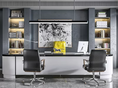 Modern Office Desk With Black Chairs Bookshelves Overhead Light And Abstract Painting 3d model