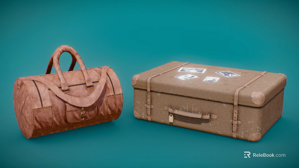 Brown Handheld Duffle Bag And Rectangular Suitcase With Photo Stickers For Daily Use 3d model 