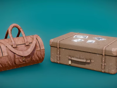 Brown Handheld Duffle Bag And Rectangular Suitcase With Photo Stickers For Daily Use 3d model