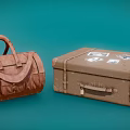 Brown Handheld Duffle Bag And Rectangular Suitcase With Photo Stickers For Daily Use