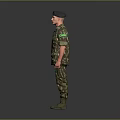 Military Soldier In Camouflage Uniform With Beret Standing Pose And Green Boots