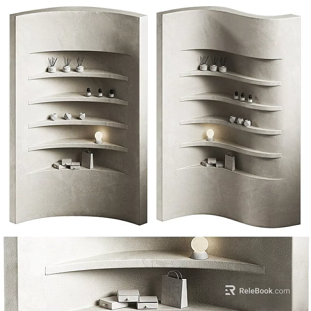 Modern Curved Partition Design With Elegant Floating Shelves And Small Decorative Lights 3d model 