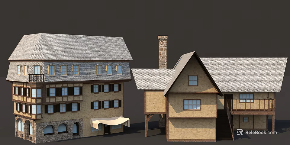 Traditional Commercial Complex With Gray Roof Stone Walls Windows Chimney And Awnings 3d model 