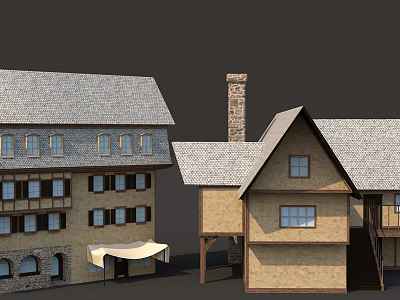 Traditional Commercial Complex With Gray Roof Stone Walls Windows Chimney And Awnings 3d model