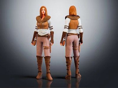 Character Costume Design Front And Back View With Brown Vest White Top And Leather Boots 3d model