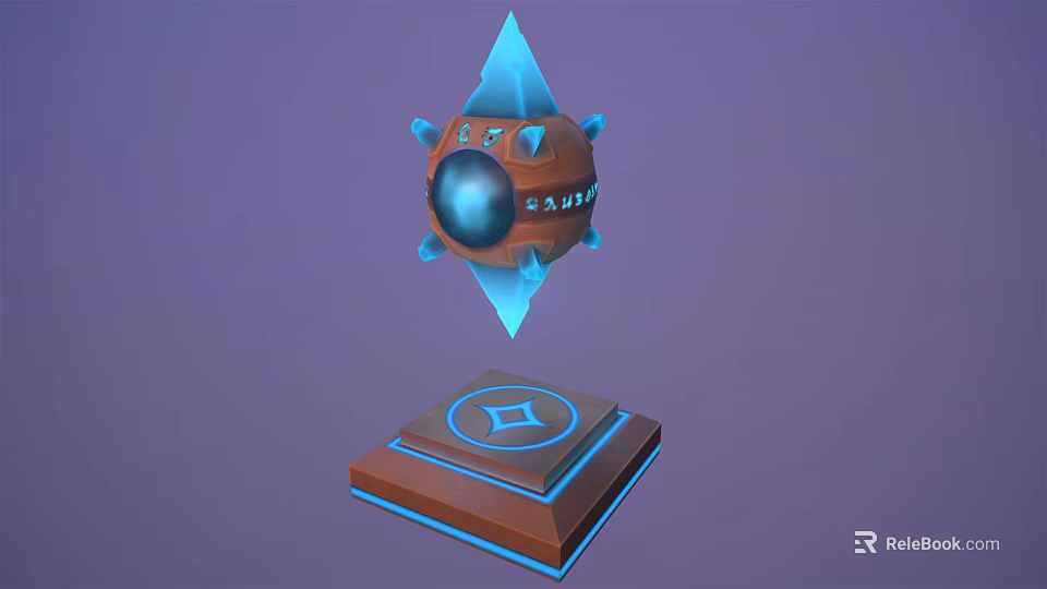 Floating 3D Device With Brown Sphere Blue Diamond Structures And Square Base On Purple Background 3d model