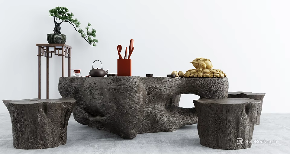 Handcrafted Root Carving Tea Table with Natural Texture Tea Set Stools and Potted Plant 3d model