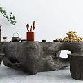 Handcrafted Root Carving Tea Table with Natural Texture Tea Set Stools and Potted Plant 3d model