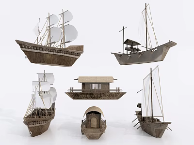 Various Handcrafted Wooden Boat Models With Sails Cabins And Classic Designs 3d model