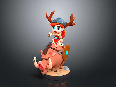 Red Haired Character Wearing Antler Hat Riding Wild Boar 3D Model Figure 3d model
