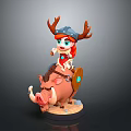 Red Haired Character Wearing Antler Hat Riding Wild Boar 3D Model Figure